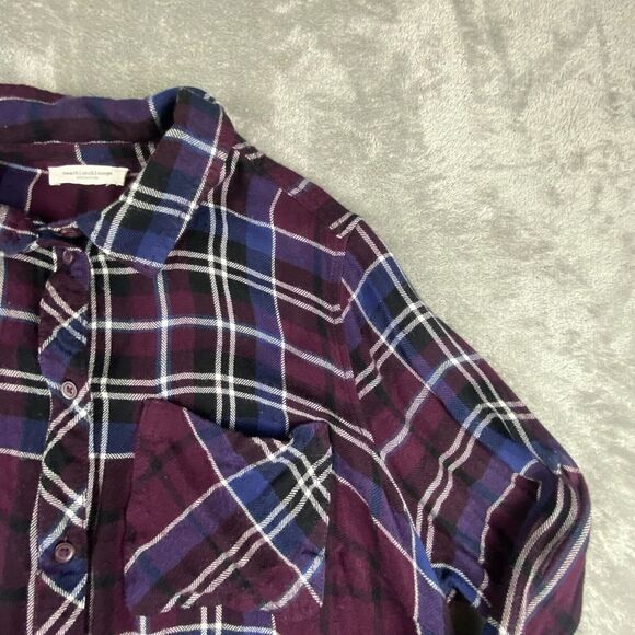 Beach Lunch Lounge Shirt Women Blue Burgundy Plaid Button Up Long Sleeve Cowgirl - Picture 7 of 12